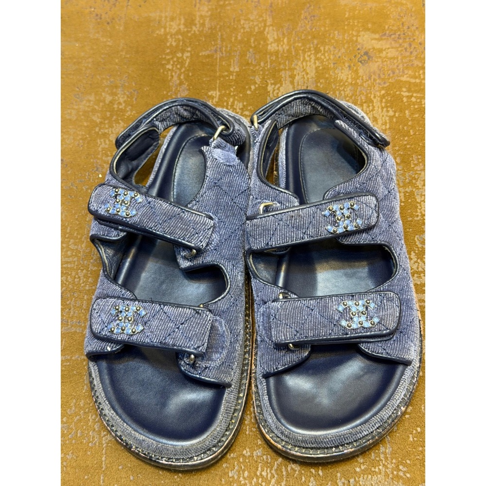 Chanel Navy Blue Quilted Corduroy Denim Crystal CC Dad Sandals G35927 38C